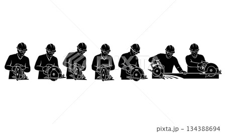 Worker with Circular Saw Silhouette Set Worker with Circular Saw Silhouette Set 134388694