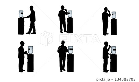 Hydration Break at Water Cooler Silhouettes 134388705