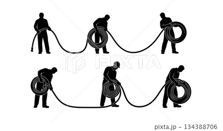Worker Uncoiling Hose or Cable Silhouettes Worker Uncoiling Hose or Cable Silhouettes 134388706