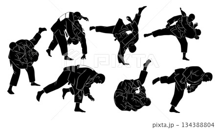 Judo Throw and Grappling Silhouette Vector Set Judo Throw and Grappling Silhouette Vector Set 134388804