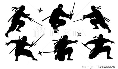 Stealthy Ninja Pose and Weapon Silhouette Collection 134388820