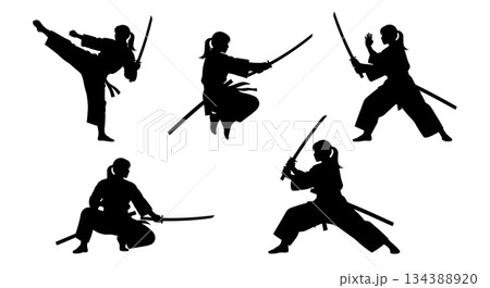 Female Samurai with Katana Silhouette Set 134388920