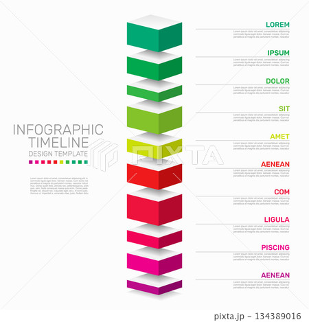 Vertical infographic timeline with 3D gradient blocks and labeled sections for process visualization or presentation use. Vector. Vertical infographic timeline with 3D gradient blocks and labeled sections for process visualization or presentation use. Vector. 134389016