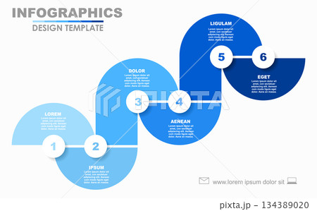 Six-step horizontal timeline infographic with circular segments, icons, and text. Vector illustration. 134389020