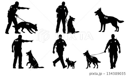 K-9 Police Officer and Dog Silhouette Pack 134389035