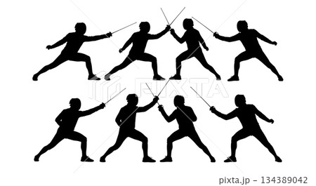 Fencing Lunge and Parry Action Silhouettes 134389042