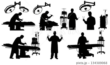 Set of Six Surgeon Silhouettes in Operating Room Set of Six Surgeon Silhouettes in Operating Room 134389068