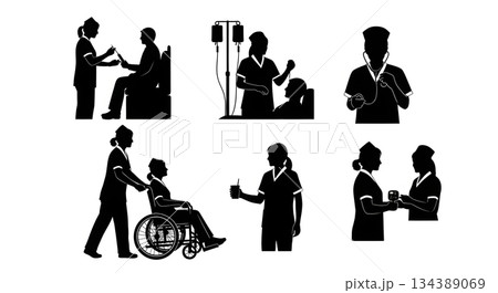 Nurse Providing Patient Care Silhouette Vector Set 134389069