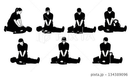 Paramedic Performing CPR Silhouette Set 134389096