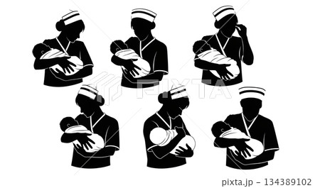 Nurse with Newborn Baby Silhouette Collection Nurse with Newborn Baby Silhouette Collection 134389102