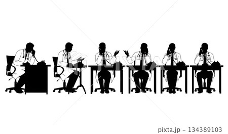 Doctor Talking on Phone at Desk Silhouettes Doctor Talking on Phone at Desk Silhouettes 134389103