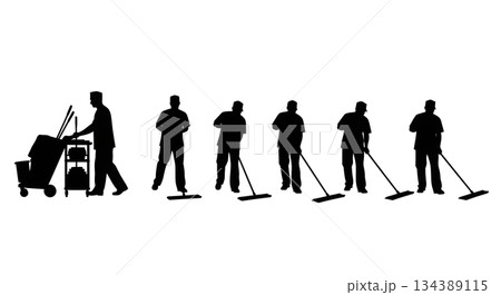 Hospital Orderly Cleaning Floor Silhouettes Hospital Orderly Cleaning Floor Silhouettes 134389115