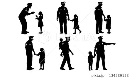 Police Officer Helping a Lost Child Silhouettes 134389138