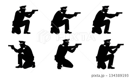 Crouching Police Officer Aiming Gun Silhouettes 134389193