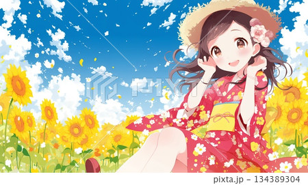 向日葵畑に立つ少女 134389304