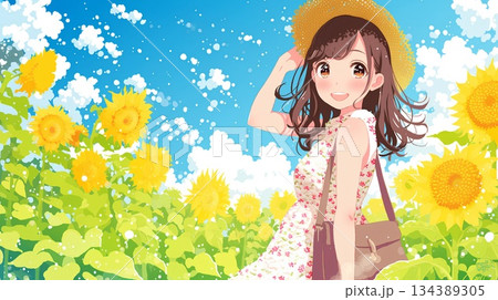 ひまわり畑を散策する女性 134389305