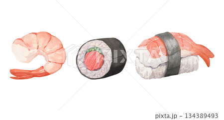 A set of illustrations with sushi and a whole shrimp A set of illustrations with sushi and a whole shrimp 134389493