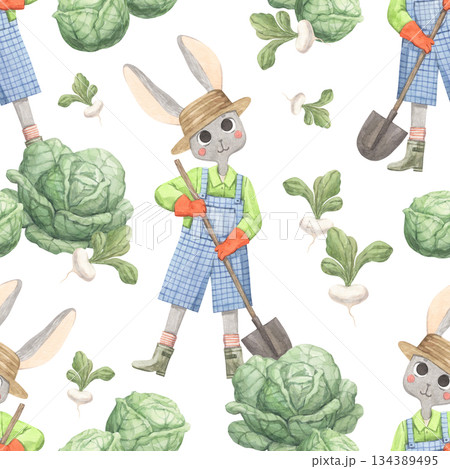 Watercolor pattern with a rabbit and cabbage Watercolor pattern with a rabbit and cabbage 134389495