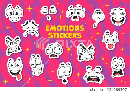 Stickers of cartoon funny comic groovy face and retro cute emoji characters. Vector emoticons with happy smiles, sad eyes and angry mouths. Cartoon emotion expression emojis set with groovy faces 134389507