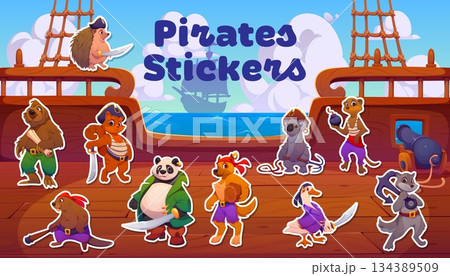 Animal pirate crew characters on ship deck vector stickers pack. Cartoon funny cat, panda, hedgehog and koala bear pirate captains, dog, duck and beaver corsair sailors, animal seamen crew characters Animal pirate crew characters on ship deck vector stickers pack. Cartoon funny cat, panda, hedgehog and koala bear pirate captains, dog, duck and beaver corsair sailors, animal seamen crew characters 134389509