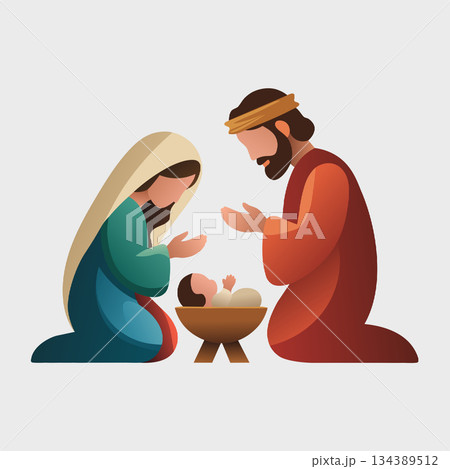 Traditional christmas nativity scene in vector format, depicting mary, joseph, baby jesus in the manger, for modern christmas or religious design 134389512