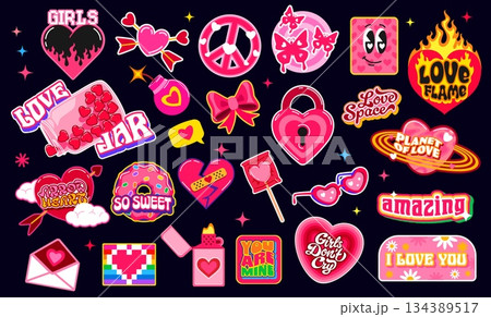 I love you y2k retro groovy stickers, Valentines heart funky patch labels with vector Valentines Day holiday gifts. Retro y2k pink heart candy and sunglasses stickers. Hippie love and peace symbols 134389517