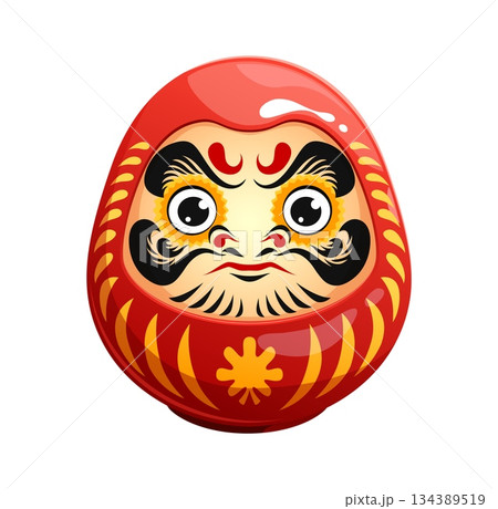 Cartoon Japanese angry red daruma toy. Japanese culture luck symbol , Asia Daruma doll. Asian Bodhidharma face vector character or Japan traditional samurai toy personage with evil looking eyes 134389519