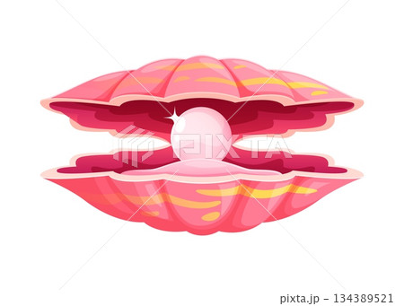 Cartoon marine shiny pink pearl mollusc shell. Underwater life valuable scallop isolated vector mollusk, marine precious pearl shell. Sea bottom rare seashell or ocean nature jewelry oyster clam 134389521