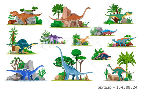 Prehistoric dinosaurs characters on nature scenery. Prehistoric Tyrannosaur, Pelorosaurus, Allosaurus and Oxalaia, Struthiosaurus, Velociraptor dinosaur cartoon vector characters among trees and rocks Prehistoric dinosaurs characters on nature scenery. Prehistoric Tyrannosaur, Pelorosaurus, Allosaurus and Oxalaia, Struthiosaurus, Velociraptor dinosaur cartoon vector characters among trees and rocks 134389524