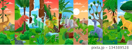 Collage of cartoon prehistoric dinosaurs characters. Extinct reptiles funny personages vector poster, cute dinosaurs collage with Dilophosaurus, Carnotaurus, Gallimimus and Roodon in swamp landscape 134389528