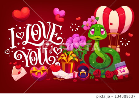 I love you Valentine's day greetings, holiday banner or card. Love holiday vector greeting card. Saint Valentine day banner with snake funny cartoon character, gifts, engagement ring and peony flowers 134389537