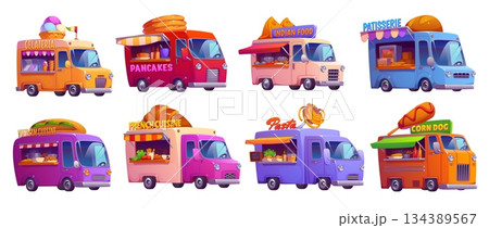 Cartoon food truck cars. Vector vintage festival street foodtrucks and vendor vans of vietnamese, french and indian cuisine. Ice cream, corn dog and pasta, pancakes and patisserie food trucks set Cartoon food truck cars. Vector vintage festival street foodtrucks and vendor vans of vietnamese, french and indian cuisine. Ice cream, corn dog and pasta, pancakes and patisserie food trucks set 134389567