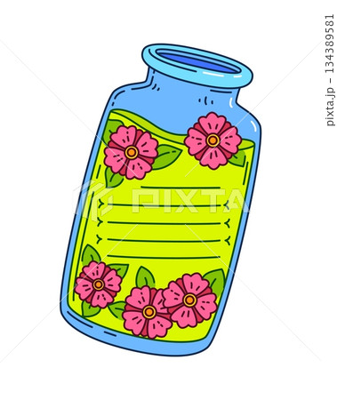 Glass vase kids memo note frame. Child diary label, glass container to do list isolated vector memo note. Children schedule frame or kid scrapbook sticker with glass container or bottle with flowers 134389581