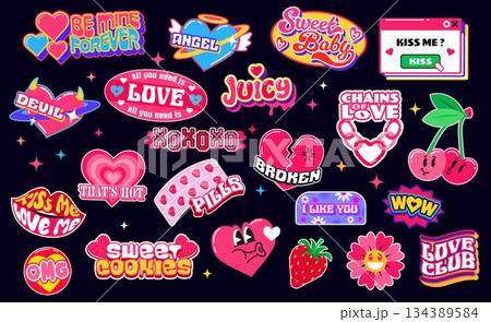 Love heart y2k retro groovy stickers, Valentine Day patch labels. Vector pink hearts with Cupid angel wings, flower and cherry emojis. Love message windows, kiss lips and strawberry cake y2k stickers 134389584