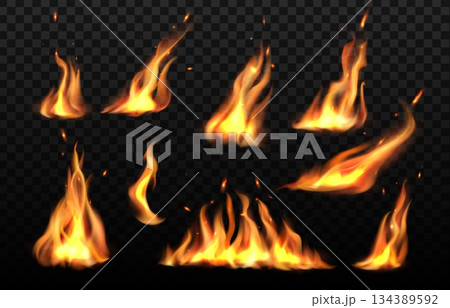 Realistic fire flames, burn torch and campfire effects isolated on transparent background. Vector 3d fire set with realistic hot flames, flying up sparks and smoke. Red and yellow fiery swirls 134389592