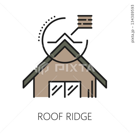 House roof top ridge repair line icon or sign. House repair service icon, roof ridge maintenance vector pictogram. Cottage renovation company sign or home exterior construction outline symbol 134389593