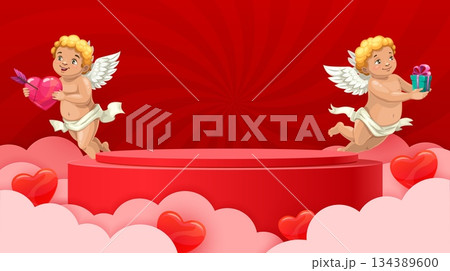 Red podium stand with cherub Cupids and love hearts, vector Valentine Day holiday. 3d round red stage, display stand or podium pedestal, cartoon cute Cupid angels with gift box and pierced heart 134389600