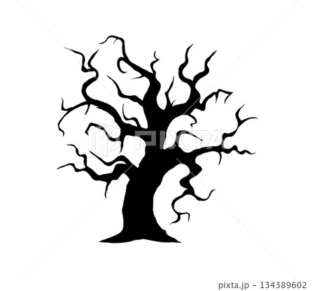 Halloween creepy crooked tree trunk silhouette. Garden scary leafless vector trunk silhouette, cemetery dead plant. Forest spooky crooked tree form or Halloween horror graveyard dry wood shape 134389602