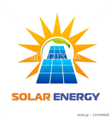 Clean solar energy technology icon or sign. Eco electricity service vector icon, solar power company label. Renewable energy industry badge with bold solar panels stairs, sun golden rays, green leaf Clean solar energy technology icon or sign. Eco electricity service vector icon, solar power company label. Renewable energy industry badge with bold solar panels stairs, sun golden rays, green leaf 134389606