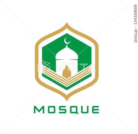 Arabian muslim mosque graphic icon or sign. Muslim religion graphic symbol, Islam mosque vector icon. Arab culture center abstract label or Islamic Quran emblem with Koran book and mosque dome 134389609