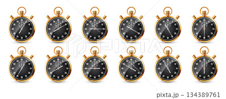 Realistic classic stopwatch. Shiny golden metal chronometer, time counter with dial. Countdown timer showing minutes and seconds. Time measurement for sport, start, finish. Vector illustration 134389761