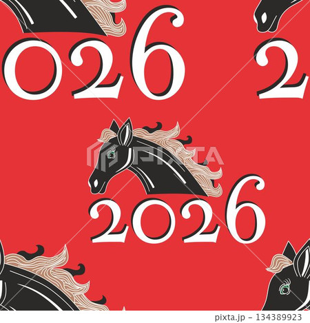 Seamless pattern with Asian elements on red background for happy Chinese new year of the Horse 2026, flyers, poster and banner. Black horse with white lines. Seamless pattern with Asian elements on red background for happy Chinese new year of the Horse 2026, flyers, poster and banner. Black horse with white lines. 134389923