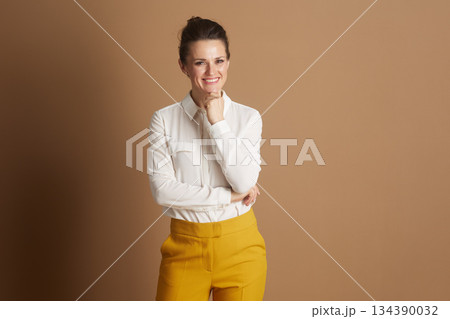 Thoughtful Businesswoman with Hand on Chin 134390032