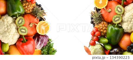 Rainbow Border of Fresh Fruits and Vegetables on White Background Rainbow Border of Fresh Fruits and Vegetables on White Background 134390223