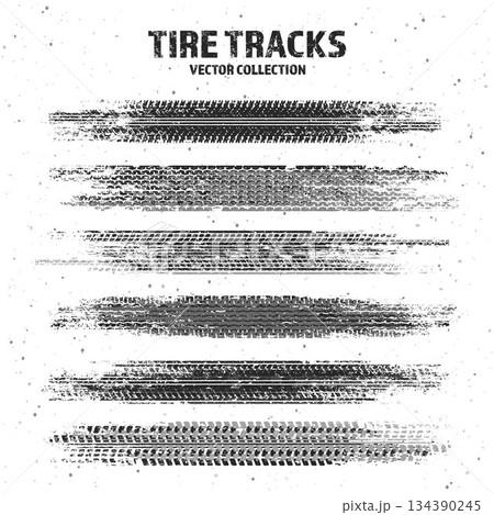 Grunge tire tracks with mud splatters, dirty wheel braking marks. Truck, car, or motorcycle tread pattern silhouettes. Perfect for off-road, motorsport, and racing designs. Vector illustration 134390245