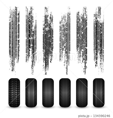 Grunge tire tracks, rubber wheels, and braking marks. Truck, car, or motorcycle tread pattern silhouettes. Perfect for auto racing, motorsport, and speed-related designs. Vector illustration 134390246