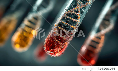 Test tubes with glowing DNA strands inside. Close-up. Concept of a futuristic laboratory of the future Test tubes with glowing DNA strands inside. Close-up. Concept of a futuristic laboratory of the future 134390344