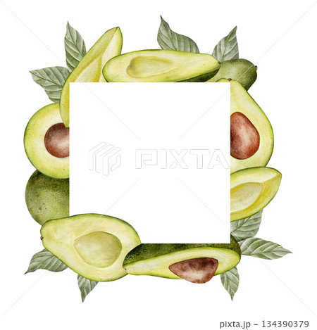 Square Frame, avocado wreath. Watercolor fruit leaves and flowers illustration. Hand drawn botanical drawing. Green plant on isolated background for food, cosmetic packaging design, card, invitation. Square Frame, avocado wreath. Watercolor fruit leaves and flowers illustration. Hand drawn botanical drawing. Green plant on isolated background for food, cosmetic packaging design, card, invitation. 134390379