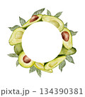 Circle Frame, avocado wreath. Watercolor fruit leaves and flowers illustration. Hand drawn botanical drawing. Green plant on isolated background for food, cosmetic packaging design, card, invitation. 134390381