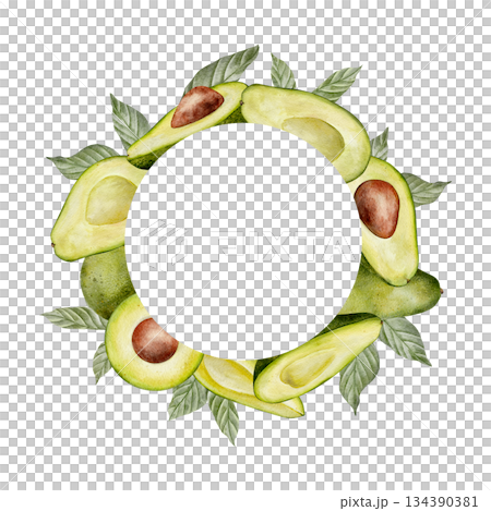 Circle Frame, avocado wreath. Watercolor fruit leaves and flowers illustration. Hand drawn botanical drawing. Green plant on isolated background for food, cosmetic packaging design, card, invitation. 134390381